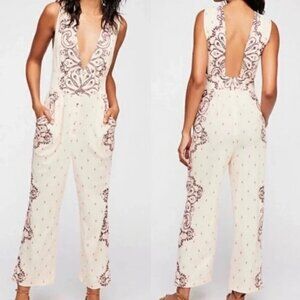 Free People Women's Cream Paisley Setting Sun 100% Cotton Jumpsuit Size XS